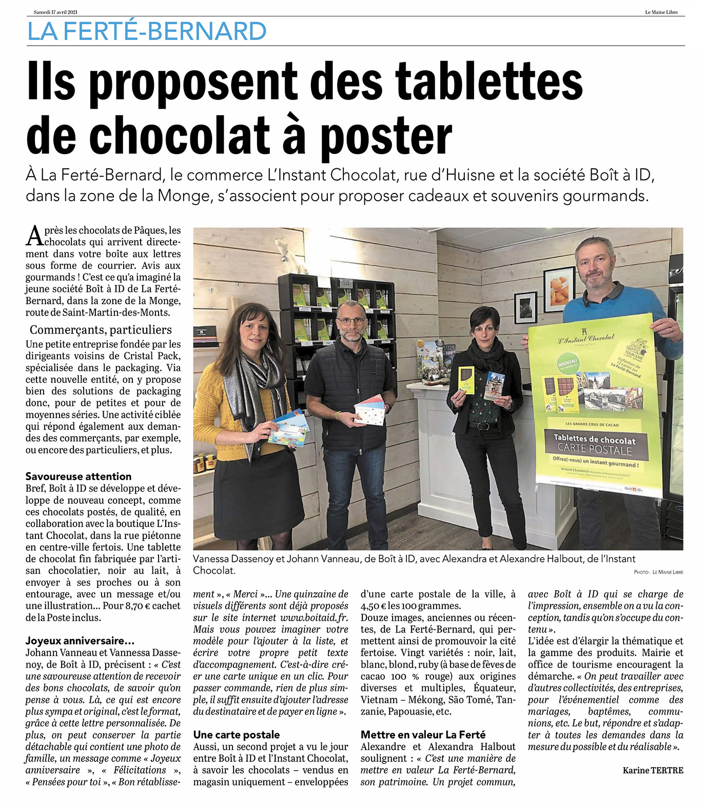 Article de journal sur Boite à idées à propos des cartes postales au chocolat